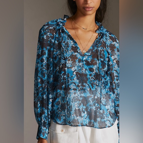 by Anthropologie Sheer Blue Floral Printed Peasant Blouse Size Small Flowy 18 - Picture 2 of 10